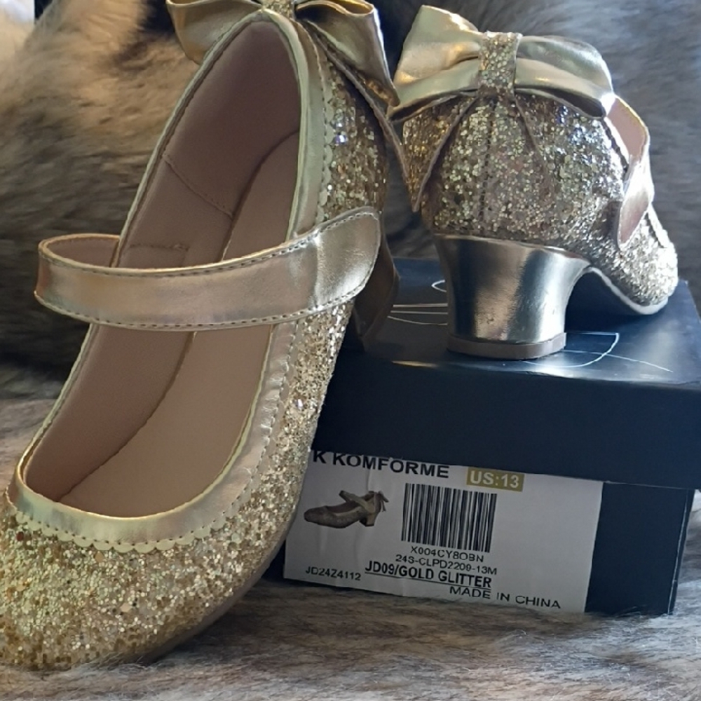 Gold Sequin Girl's Glitter Heels With Bows